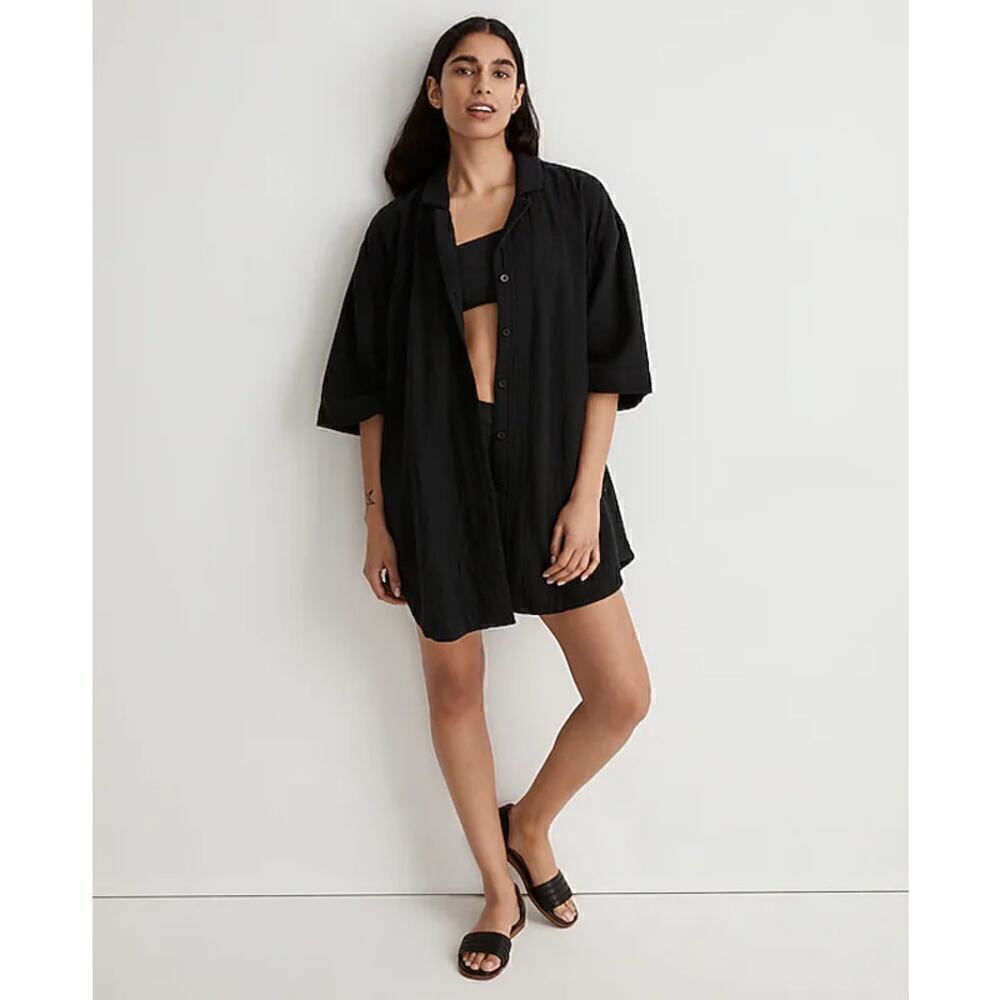 Madewell Crinkle Cotton Cover Up Mini Shirtdress Relaxed True Black NWT S - Picture 4 of 11